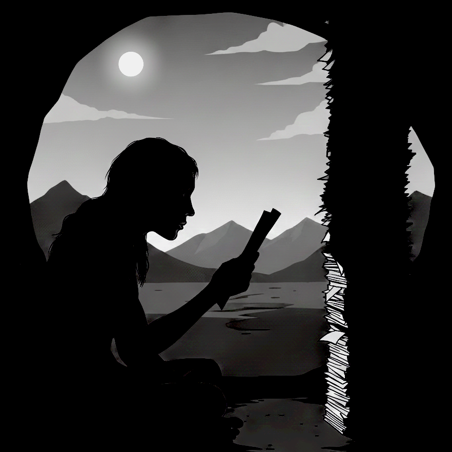 A silhouette of A. kaddaba reading a stack of papers